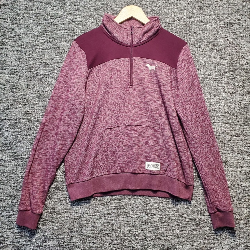 PINK Victoria Secret Sweatshirt Women L Burgundy Heather Half Zip Love Pink Back